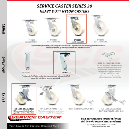 Service Caster 6 Inch Nylon Swivel Caster Set with Ball Bearings 2 Brakes SCC-30CS620-NYB-2-TLB-2